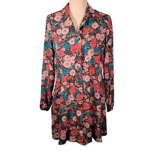 Retro 70s Style Brown Multi Floral Mini Shirt Dress Mod Twiggy Boho Retro Hippie